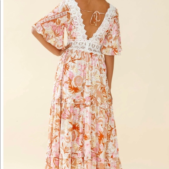 INDIO CROCHET INSERT DEEP V-NECKLINE ANGEL SLEEVE MAXI DRESS FLORAL PRINT PINK - Picture 5 of 9